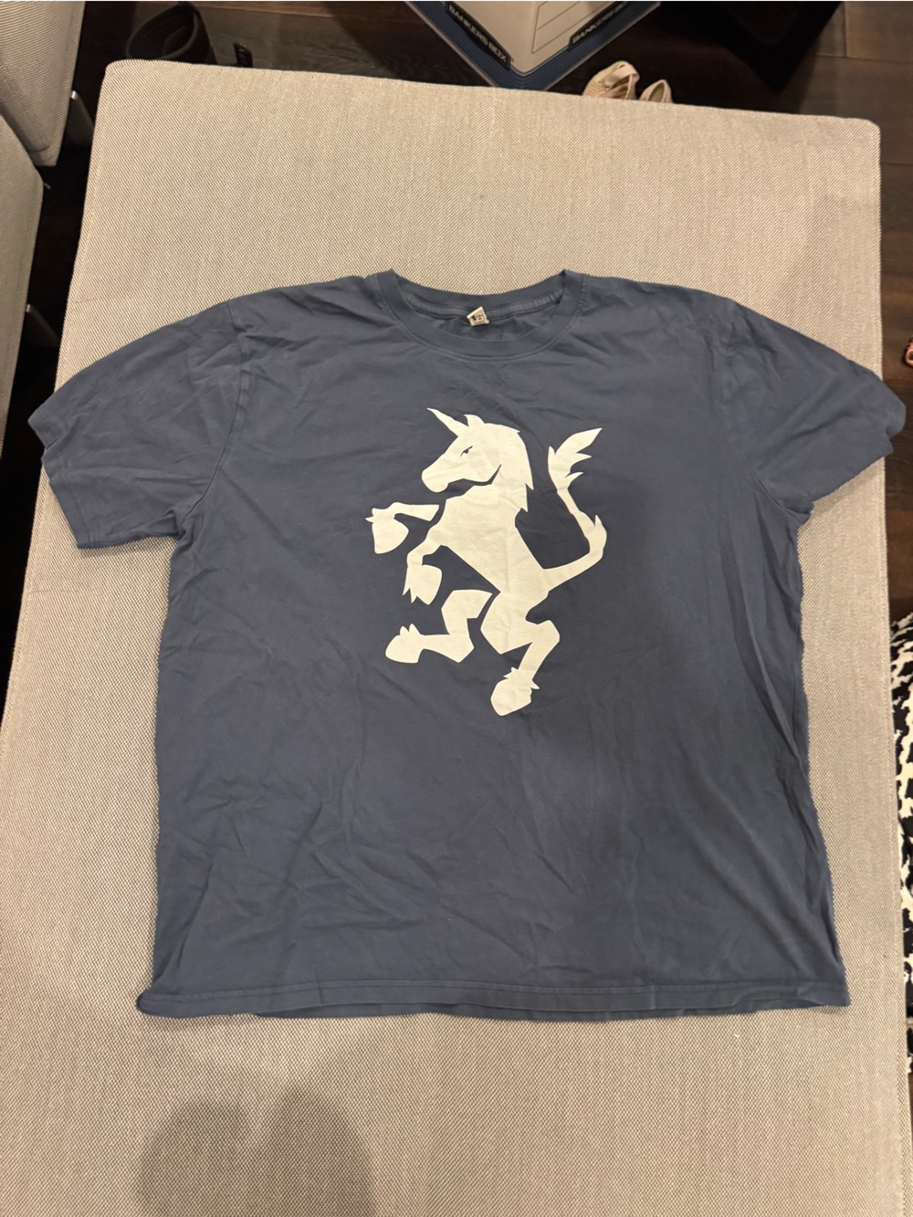 Men's Crewneck T-Shirt with White Unicorn Graphic - Blue